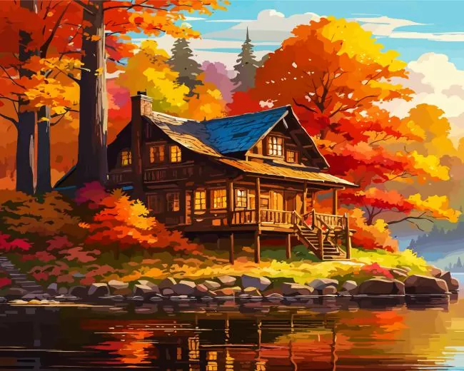 lakeside cabin In Autumn Diamond Paintings Lakeside Cabin In Autumn Diamond Painting