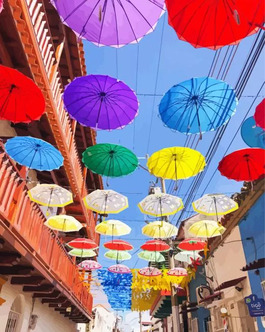 Cartagena Umbrella Street Diamond Painting Cartagena Umbrella Street Diamond Painting