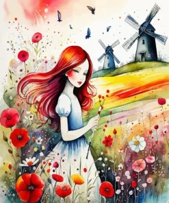 Girl in a Flowers Field Diamond Painting