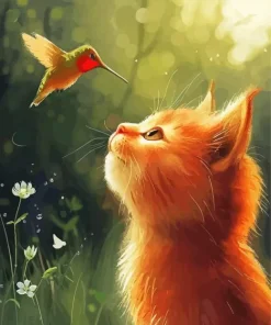 Orange Cat and Hummingbird Diamond Painting