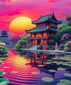 Chinese House By Lake Diamond Painting