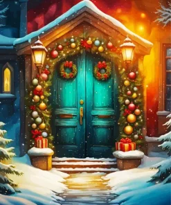 Christmas Blue Door Diamond Painting