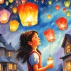 Girl Looking at Sky Lantern Diamond Painting