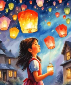 Girl Looking at Sky Lantern Diamond Painting