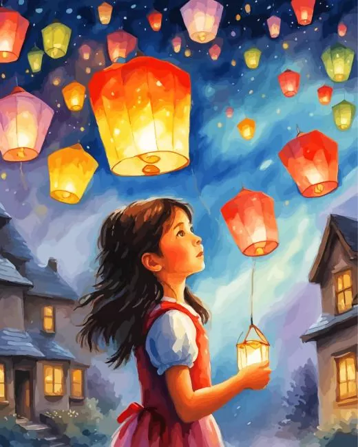 Girl Looking at Sky Lantern Diamond Painting Girl Looking at Sky Lantern Diamond Painting
