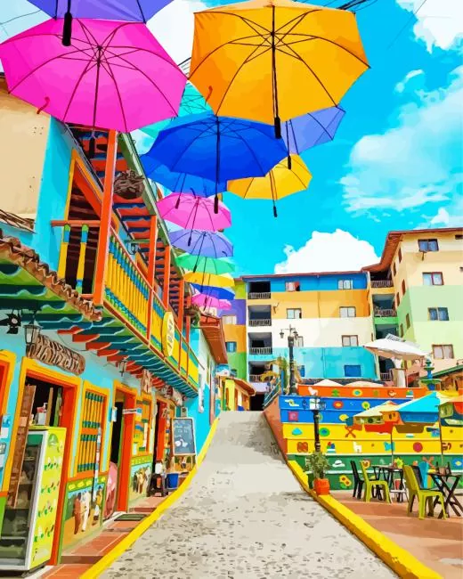 Guatape Umbrella Street Diamond Painting Guatape Umbrella Street Diamond Painting