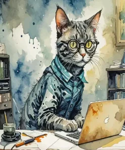 Office Cat with Glasses Diamond Painting