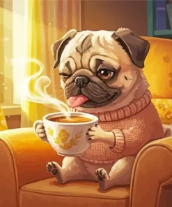 Pug Drinking Coffee Diamond Painting