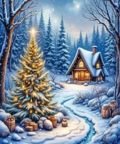 Snowy Cabin in the Woods Diamond Painting