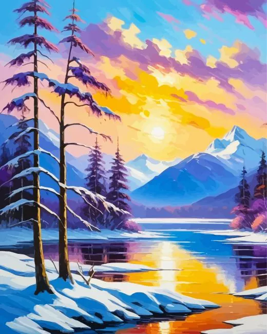 Sunset Snowfall in Forest Diamond Painting Sunset Snowfall in Forest Diamond Painting