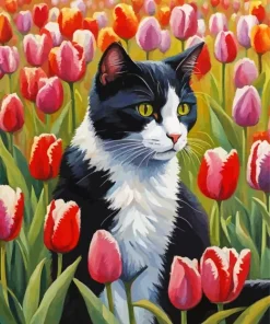 Cat in Tulips Field Diamond Painting