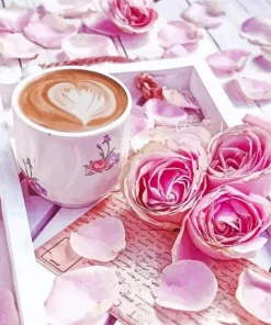 Coffee with Pink Roses Diamond Painting