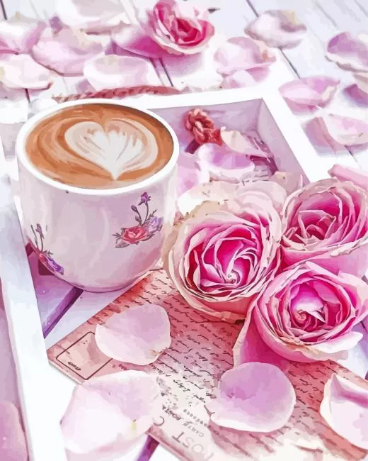 Coffee with Pink Roses Diamond Painting Coffee with Pink Roses Diamond Painting