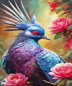 Crowned Pigeon and Flowers Diamond Painting