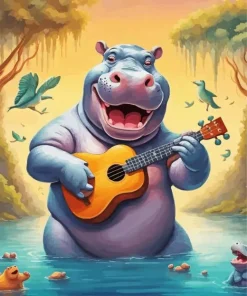 Hippo Playing Ukulele Diamond Painting