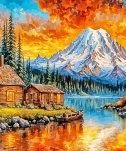 Mountain Cabin by Lake Diamond Painting