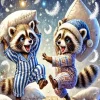 Racoons Playing Pillow Fight Diamond Painting