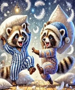 Racoons Playing Pillow Fight Diamond Painting
