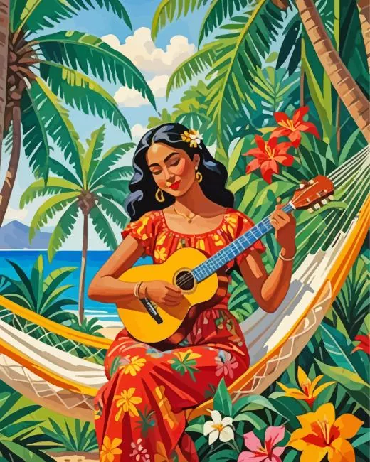 Tahitian Girl Playing Ukulele Diamond Painting Tahitian Girl Playing Ukulele Diamond Painting