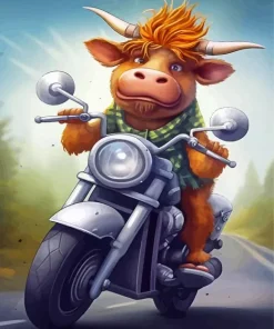 Highland Cow on Motorcycle Diamond Painting