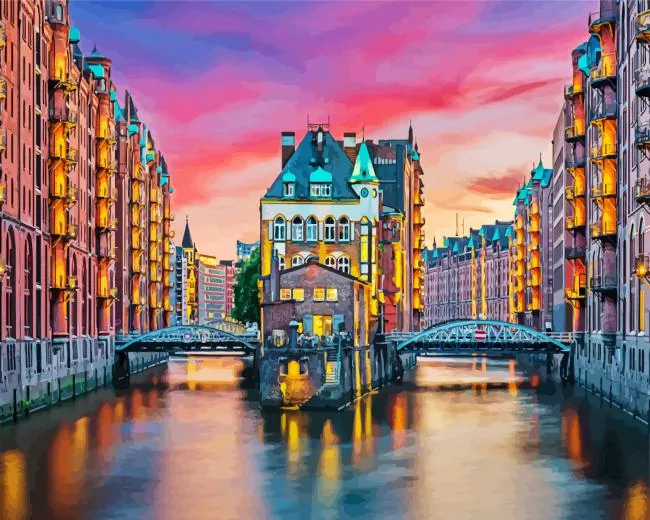 Speicherstadt at Sunset Diamond Painting Speicherstadt at Sunset Diamond Painting