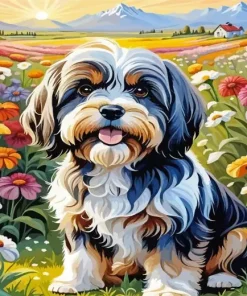 Tibetan Terrier in Flowers Field Diamond Painting