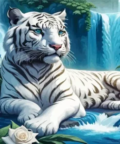 White Tiger Laying Under Waterfall Diamond Painting