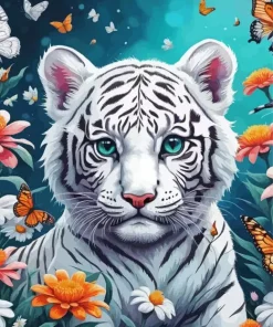 White Tiger with Flowers Diamond Painting